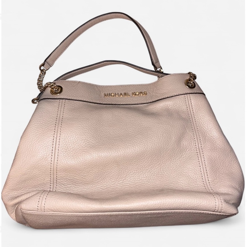 MICHAEL KORS JET SET ITEM LARGE CHAIN SHOULDER PEBBLED LEATHER TOTE BAG BISQUE